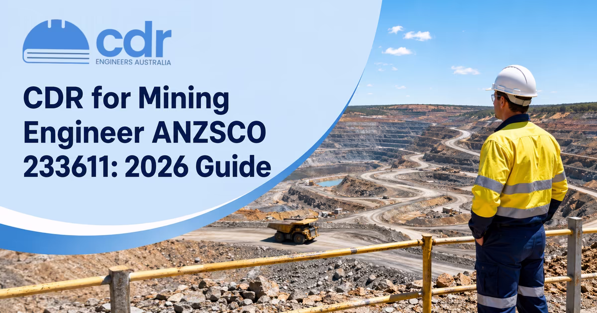 Mining engineer reviewing technical documentation and CDR career episodes for ANZSCO 233611 assessment at an open-pit mining site