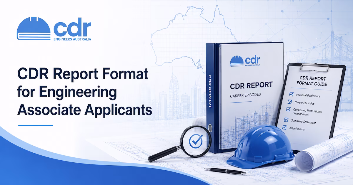 Engineering Associate CDR format showing career episodes, 16 competency elements, summary statement, and CPD list structure.