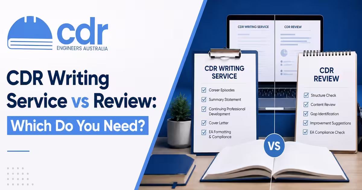 Decision framework comparing CDR writing service and review: costs, timeline, and rejection risk for EA assessment