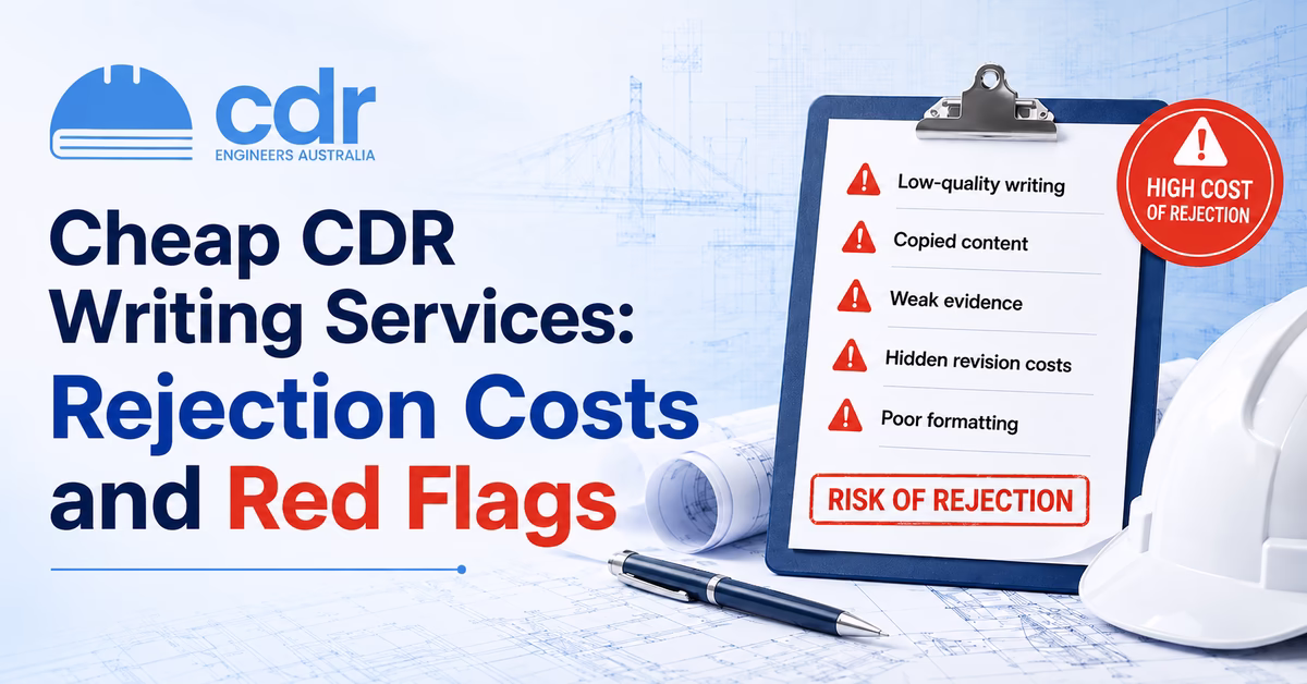 Cost comparison chart for cheap CDR writing services showing rejection risks and Engineers Australia assessment fees