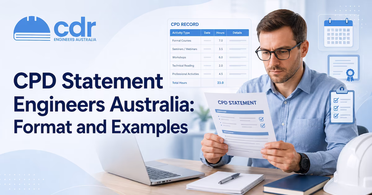 CPD statement template for Engineers Australia CDR with entry fields and competency reflection examples.