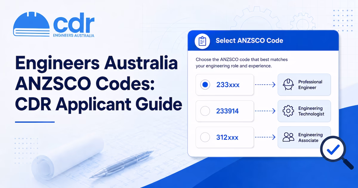 ANZSCO code selection guide showing 233xxx Professional Engineer and 312xxx Engineering Associate categories for Engineers Australia CDR assessment