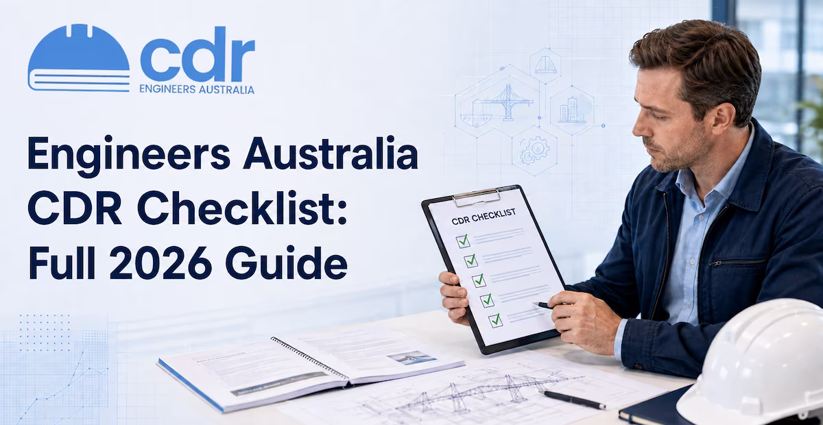 Engineers Australia CDR checklist with stages: documents, formatting, and My Skills submission steps