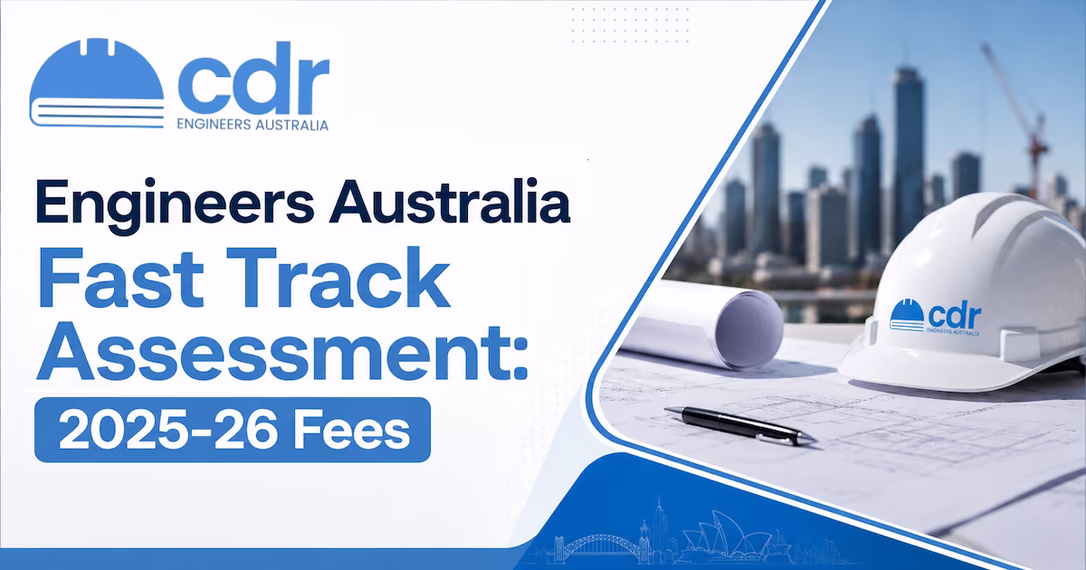 Dashboard showing Engineers Australia fast track assessment timeline and AUD 385 fee structure for 2025-26