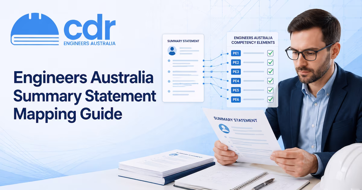 Summary statement mapping table linking PE1–PE3 competency elements to career episode paragraph numbers and references