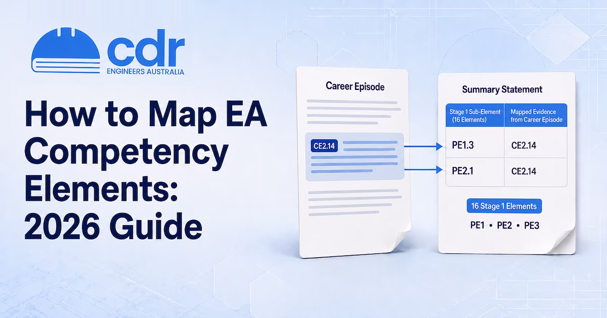 EA Stage 1 competency elements organized into PE1 Knowledge, PE2 Application, and PE3 Attributes with CDR mapping guidelines